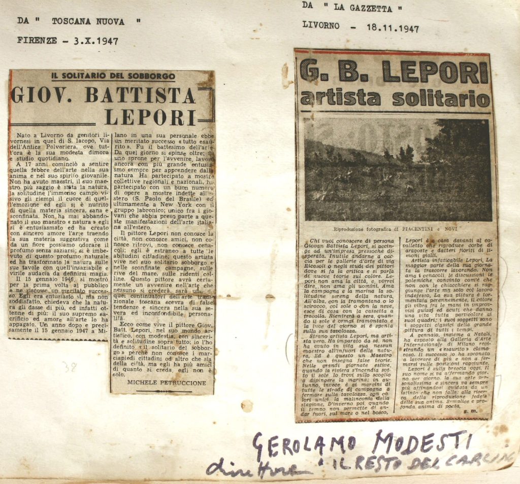 Articoli di giornale della mostra del Gruppo Labronico a Milano anno 1947